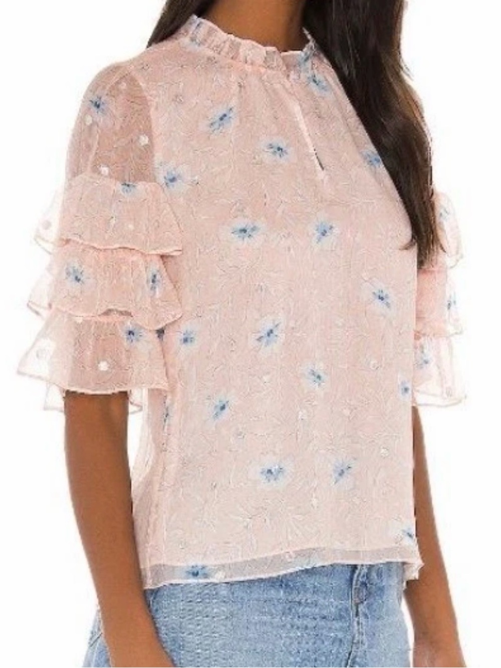 Rebecca Taylor Floral Metallic Ruffle Sleeve Blouse Pink 8 90% Silk - Picture 8 of 9